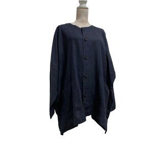 Eskandar Size 1 Navy Blue Button Up Boxy Jacket Pockets Linen Oversized England